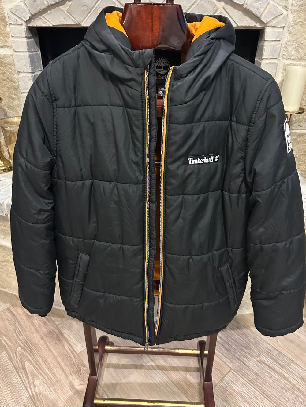 Timberland Kids Black Puffer Jacket with Orange Lining